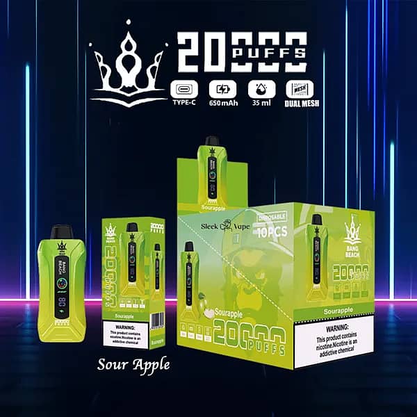 Bang Beach 20,000 Puffs disposable vape &mdash; Sour Apple flavor. Lime-green device with LED puff/battery screen, shown with single box and 10-pack carton; icons: Type-C, 650mAh, 35 ml, Dual-Mesh.