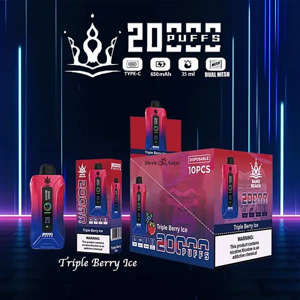 Bang Beach 20,000 Puffs disposable vape &mdash; Triple Berry Ice flavor. Blue-to-pink gradient device with front LED puff/battery screen shown next to its single box and 10-pack display carton; header icons list Type-C, 650mAh, 35 ml, dual-mesh.