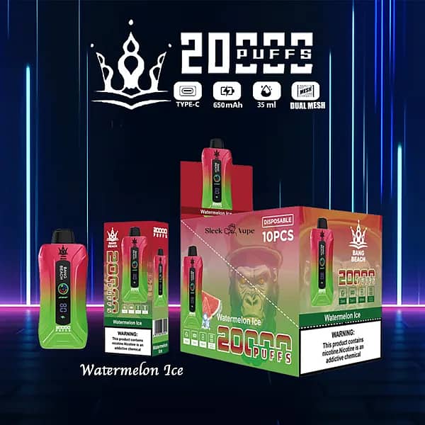 Bang Beach 20,000 Puffs disposable vape &mdash; Watermelon Ice flavor. Red-to-green gradient device with front LED puff/battery screen shown beside its single box and 10-pack display carton; top badges show Type-C, 650mAh, 35 ml, dual-mesh.