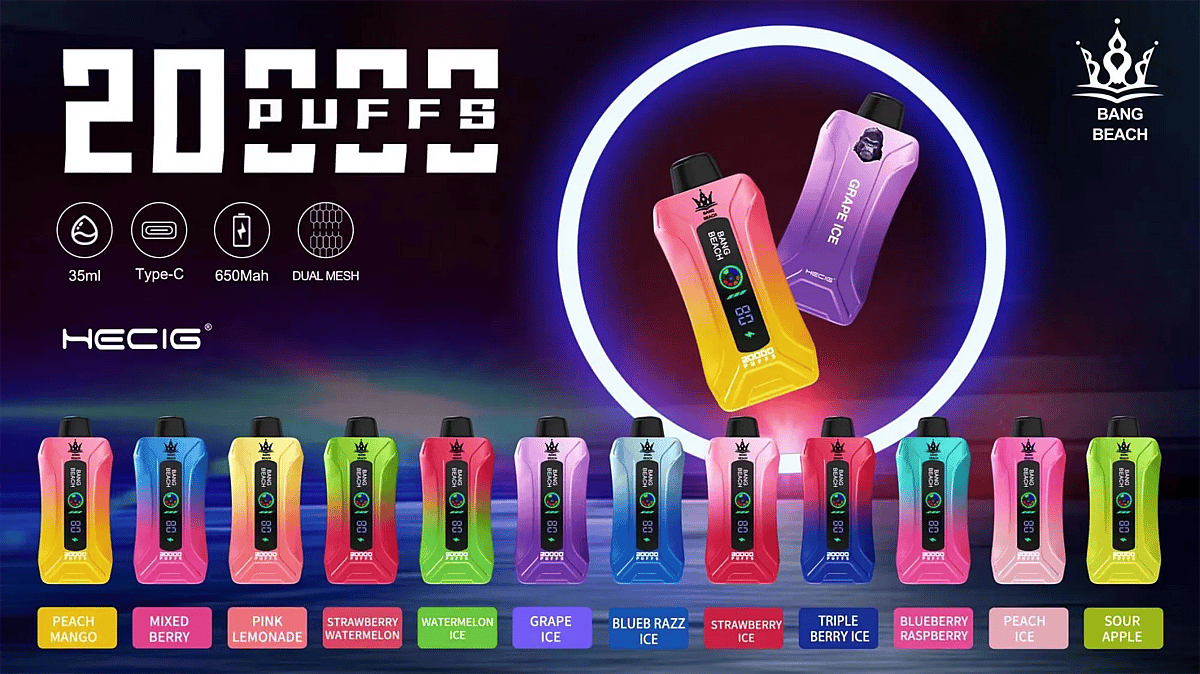 Bang Beach 20,000-puff disposable vapes in neon scene; two gradient devices (yellow-pink and purple) float in a ring, with an LED screen. Icons show 35 ml, Type-C, 650 mAh, dual-mesh. Row of flavors: Peach Mango, Mixed Berry, Pink Lemonade, Strawberry Watermelon, Watermelon Ice, Grape Ice, Blue Razz Ice, Strawberry Ice, Triple Berry Ice, Blueberry Raspberry, Peach Ice, Sour Apple.