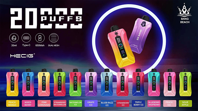 Bang Beach Einweg-Vape-Pen mit 20.000 Zügen – Hauptseite Bang Beach Einweg-E-Zigaretten mit 20.000 Zügen in Neon-Optik; zwei Geräte mit Farbverlauf (Gelb-Rosa und Lila) schweben in einem Ring, ausgestattet mit einem LED-Display. Die Symbole zeigen 35 ml, Typ-C, 650 mAh, Dual-Mesh. Geschmacksrichtungen: Pfirsich-Mango, Beerenmix, Pink Lemonade, Erdbeere-Wassermelone, Wassermelone-Eis, Traube-Eis, Blue Razz-Eis, Erdbeere-Eis, Triple Berry-Eis, Heidelbeere-Himbeere, Pfirsich-Eis, Sauerapfel.