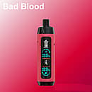 Bang King 25,000-puff disposable vape in &ldquo;Bad Blood&rdquo; (blackcurrant) flavor; red textured body with black mouthpiece and a vertical screen showing Boost/Eco modes and percentage rings, on a red gradient background.