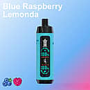 Bang King 25,000-puff disposable vape in Blue Raspberry Lemonade flavor; teal textured body with black mouthpiece and a central screen showing Boost/Eco indicators, on a blue gradient background with blueberry and raspberry icons and the title &ldquo;Blue Raspberry Lemonda.&rdquo;