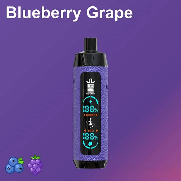 Bang King 25,000-puff disposable vape in Blueberry Grape flavor; purple textured body with black mouthpiece and a central screen showing Boost/Eco percentage rings, on a purple gradient background with blueberry and grape icons and the title &ldquo;Blueberry Grape.&rdquo;