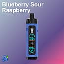 Bang King 25,000-puff disposable vape in Blueberry Sour Raspberry flavor; blue textured body with black mouthpiece and a central Boost/Eco percentage display, on a purple&ndash;pink gradient background with a blueberry icon and the title text.