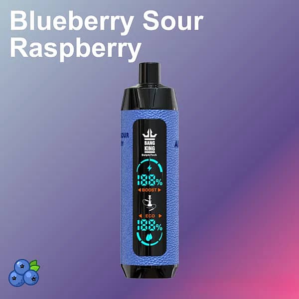 Bang King 25,000-puff disposable vape in Blueberry Sour Raspberry flavor; blue textured body with black mouthpiece and a central Boost/Eco percentage display, on a purple&ndash;pink gradient background with a blueberry icon and the title text.