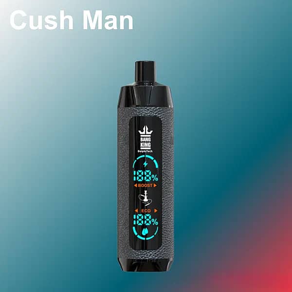 Bang King 25,000-puff disposable vape in Cush Man flavor; dark-gray textured body with black mouthpiece and a central Boost/Eco percentage display, set against a teal-to-red gradient background with the title &ldquo;Cush Man.&rdquo;