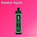 Bang King 25,000-puff disposable vape in Double Apple flavor; olive-green textured body with black mouthpiece and a central Boost/Eco percentage display, set against a pink gradient background with the title &ldquo;Double Apple.&rdquo;