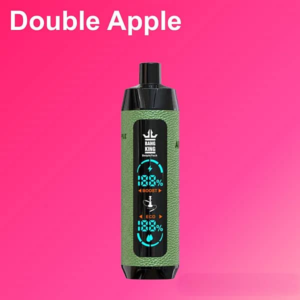 Bang King 25,000-puff disposable vape in Double Apple flavor; olive-green textured body with black mouthpiece and a central Boost/Eco percentage display, set against a pink gradient background with the title &ldquo;Double Apple.&rdquo;