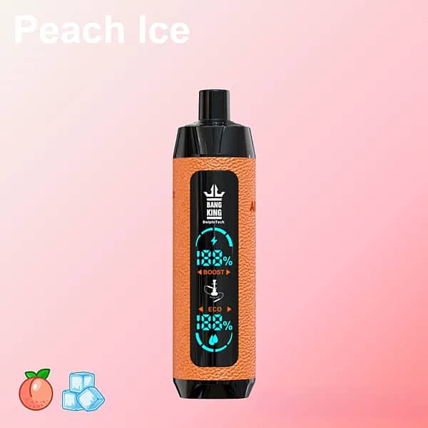 Bang King Shisha 25K disposable vape in Peach Ice&mdash;orange, leather-textured body with black mouthpiece and a central LED window showing Boost/Eco icons&mdash;on a pink gradient background with peach and ice illustrations.