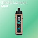 Bang King Shisha 25K disposable vape in &ldquo;Shisha Lenmon Mint&rdquo; flavor &mdash; taupe leather-textured body, black mouthpiece, and a central LED window with Boost/Eco icons &mdash; on a mint-green gradient background.