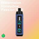 Bang King Shisha 25K disposable vape in &ldquo;Watermelon Honeydew Passion Fruit&rdquo; flavor, purple textured body with black mouthpiece and ends, central Boost/Eco LED window, on a peach&ndash;orange gradient background.