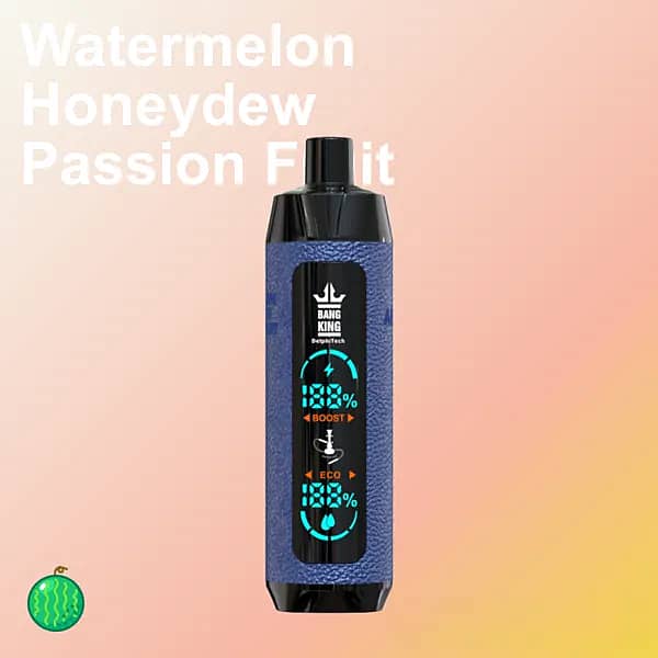 Bang King Shisha 25K disposable vape in &ldquo;Watermelon Honeydew Passion Fruit&rdquo; flavor, purple textured body with black mouthpiece and ends, central Boost/Eco LED window, on a peach&ndash;orange gradient background.