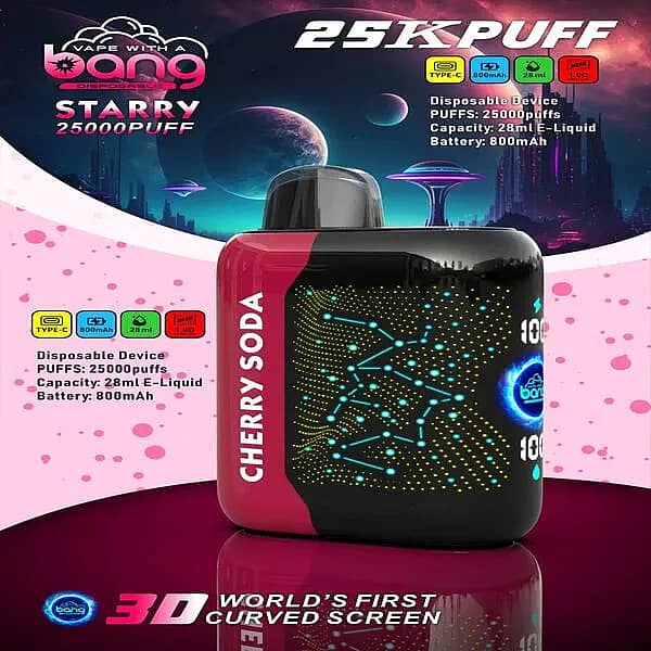 Bang Starry 25,000-puff disposable vape in &ldquo;Cherry Soda,&rdquo; featuring a black/red body with a constellation-style 3D curved screen and spec icons (Type-C, 800 mAh, 28 mL, 1.0 &Omega;) on a sci-fi, planet-themed background.