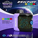 Bang Starry 25,000-puff disposable vape in &ldquo;Grape Ice,&rdquo; featuring a black/purple body with a constellation-style 3D curved screen and spec icons (Type-C, 800 mAh, 28 mL, 1.0 &Omega;) on a space-themed background.
