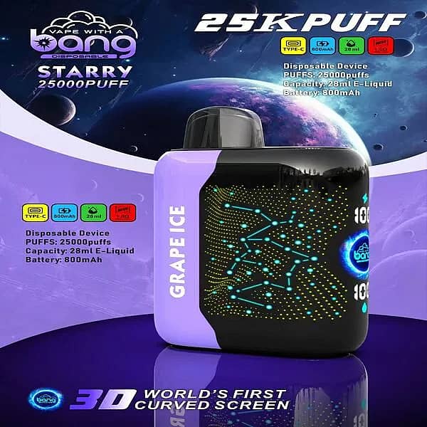 Bang Starry 25,000-puff disposable vape in &ldquo;Grape Ice,&rdquo; featuring a black/purple body with a constellation-style 3D curved screen and spec icons (Type-C, 800 mAh, 28 mL, 1.0 &Omega;) on a space-themed background.