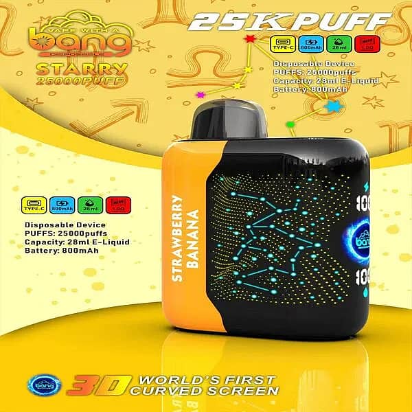 Bang Starry 25,000-puff disposable vape in &ldquo;Strawberry Banana,&rdquo; shown with a yellow/orange side panel and a black front featuring a constellation-style 3D curved screen; spec icons indicate Type-C, 800 mAh, 28 mL, and 1.0 &Omega;.