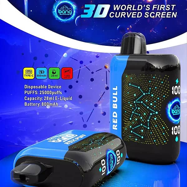 Bang Starry 25,000-puff disposable vape in &ldquo;Red Bull&rdquo; flavor, blue/black body with constellation-style 3D curved screen; icons show USB-C, 800 mAh battery, 28 mL e-liquid, 1.0 &Omega; coil.