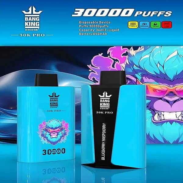 Bang King 30K Pro disposable vape in blue, &ldquo;Blueberry Raspberry&rdquo; flavor, with &ldquo;30,000 PUFFS&rdquo; headline and spec icons (Type-C, 850 mAh battery, 36 mL e-liquid, 1.0 &Omega;) over a neon gorilla backdrop.