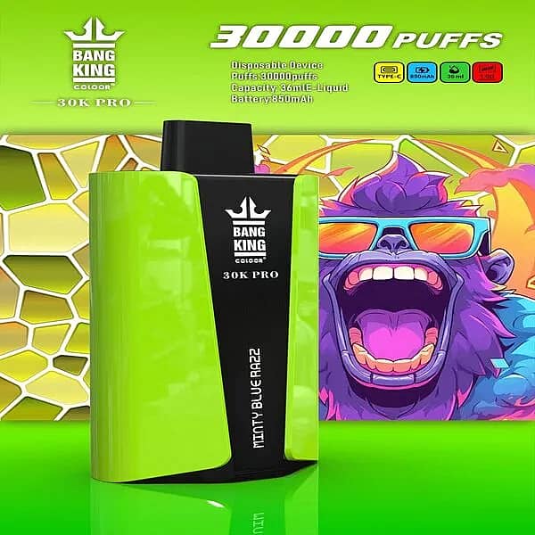 Bang King 30K Pro disposable vape in lime-green/black, &ldquo;Minty Blue Razz&rdquo; flavor, with &ldquo;30,000 PUFFS&rdquo; headline and spec icons (Type-C, 850 mAh, 36 mL, 1.0 &Omega;) against a neon gorilla/honeycomb backdrop.
