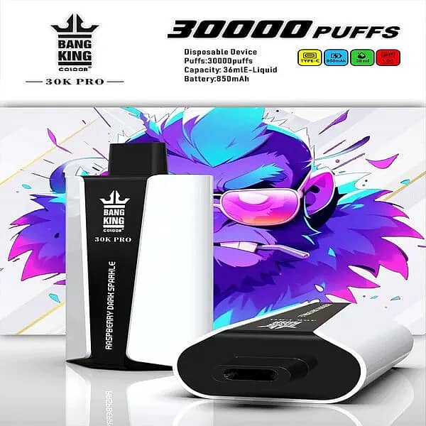 Bang King 30K Pro disposable vape in white/black, &ldquo;Raspberry Dark Sparkle&rdquo; flavor, with &ldquo;30,000 PUFFS&rdquo; headline and spec icons (Type-C, 850 mAh, 36 mL, 1.0 &Omega;) against a neon gorilla artwork background.