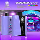 Bang King 30K Pro disposable vape in lavender/black, &ldquo;Strawberry Grape&rdquo; flavor, with &ldquo;30,000 PUFFS&rdquo; headline and spec icons (Type-C, 850 mAh, 36 mL, 1.0 &Omega;) against a neon gorilla artwork backdrop.