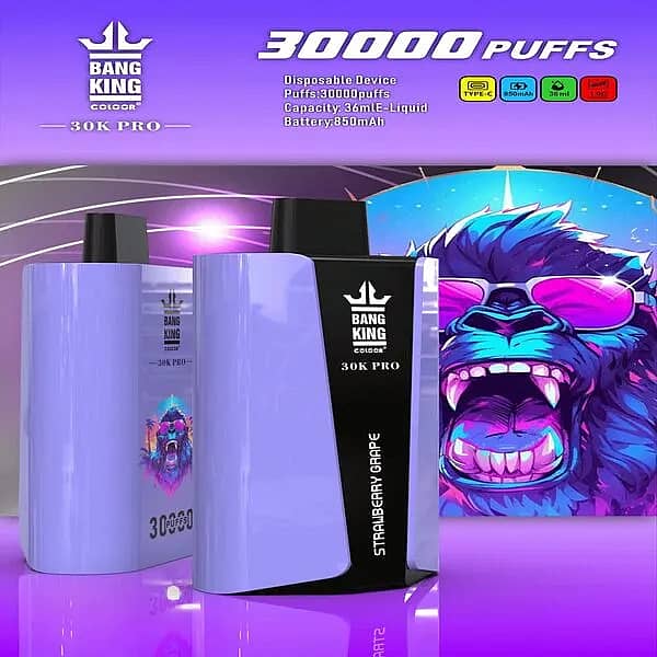 Bang King 30K Pro disposable vape in lavender/black, &ldquo;Strawberry Grape&rdquo; flavor, with &ldquo;30,000 PUFFS&rdquo; headline and spec icons (Type-C, 850 mAh, 36 mL, 1.0 &Omega;) against a neon gorilla artwork backdrop.