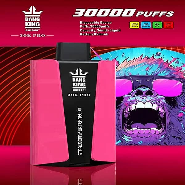 Bang King 30K Pro pink/black disposable vape, &ldquo;Strawberry Watermelon&rdquo; flavor, with &ldquo;30,000 PUFFS&rdquo; headline and spec icons (Type-C, 850 mAh, 36 mL, 1.0 &Omega;) against a neon gorilla-art backdrop.