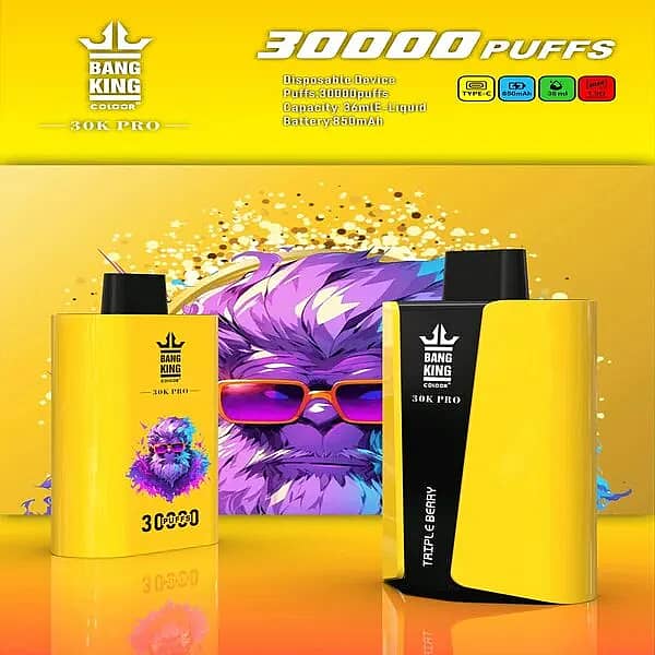 Bang King 30K Pro yellow disposable vape in &ldquo;Triple Berry&rdquo; flavor with &ldquo;30,000 PUFFS&rdquo; headline and spec icons (Type-C, 850 mAh, 36 mL, 1.0 &Omega;) against a purple-gorilla neon backdrop.