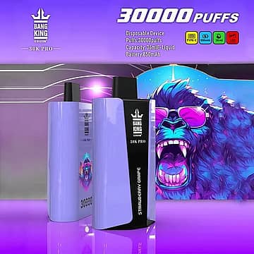 bangking 30k pro 30000 puffs disposable vape in purple, flavor &ldquo;Strawberry Grape,&rdquo; with a neon blue gorilla illustration in the background and badges for Type-C, 850 mAh, 36 mL, and 1.0 &Omega;; headline &ldquo;30,000 PUFFS.&rdquo;