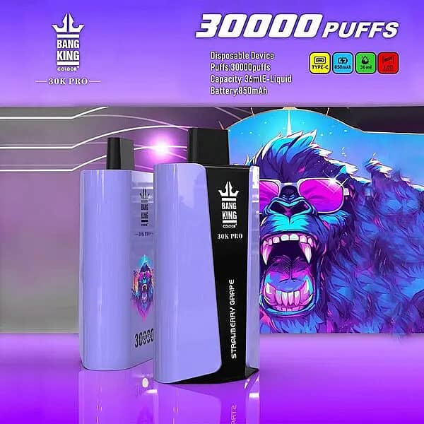 bangking 30k pro 30000 puffs disposable vape in purple, flavor &ldquo;Strawberry Grape,&rdquo; with a neon blue gorilla illustration in the background and badges for Type-C, 850 mAh, 36 mL, and 1.0 &Omega;; headline &ldquo;30,000 PUFFS.&rdquo;