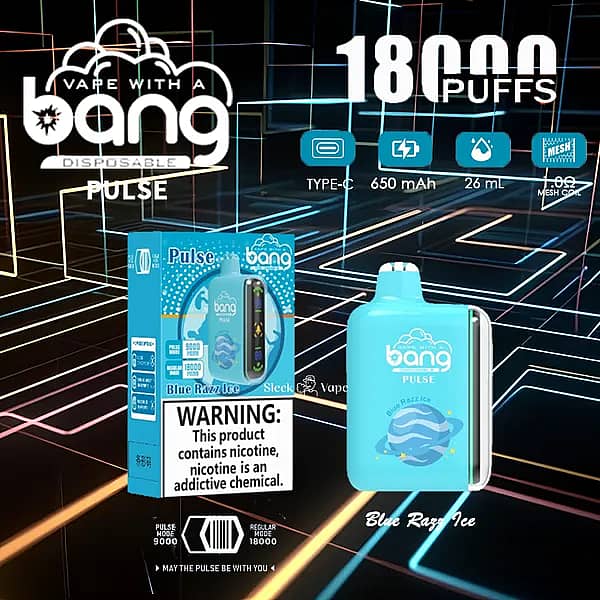 Bang Pulse 18000 Puffs Disposable Vape &ndash; Blue Razz Ice flavor with Type-C charging, 650mAh battery, 26ml e-liquid, and 1.0&Omega; mesh coil.