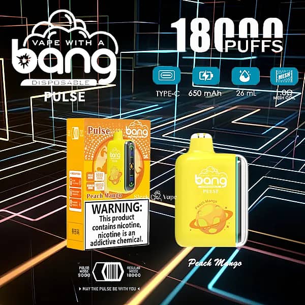 Bang Pulse 18000 Puffs Disposable Vape &ndash; Peach Mango flavor with Type-C charging, 650mAh rechargeable battery, 26ml e-liquid, and 1.0&Omega; mesh coil; device and retail box on a neon grid backdrop.