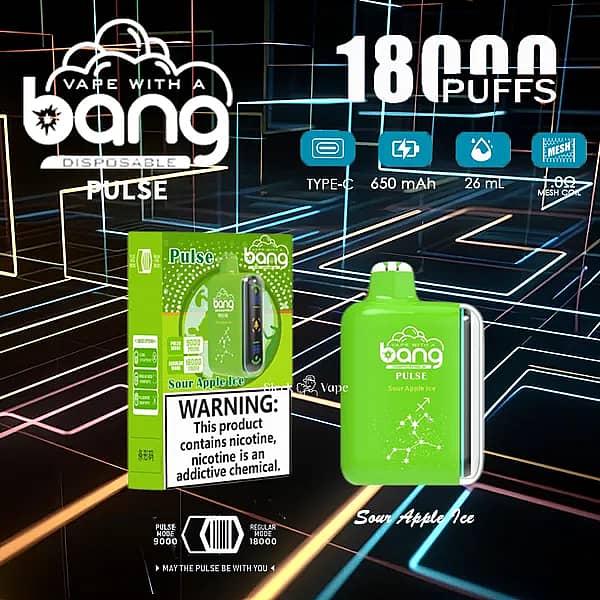 Bang Pulse 18000 Puffs Disposable Vape &ndash; Sour Apple Ice flavor with Type-C charging, 650mAh rechargeable battery, 26ml e-liquid, and 1.0&Omega; mesh coil; green device and retail box on a neon grid background.