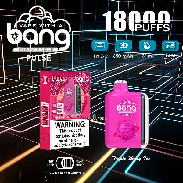 Bang Pulse 18000 Puffs Disposable Vape &mdash; Triple Berry Ice flavor; pink device with LED side strip and matching retail box on a neon grid background; 26ml e-liquid, 650mAh rechargeable battery, Type-C charging, 1.0&Omega; mesh coil.
