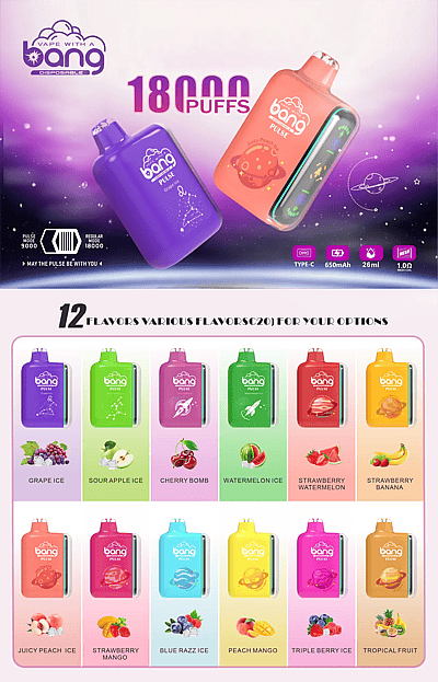 Bangvapeeu Vape Bang Pulse Einweg-E-Zigarette mit 18.000 Zügen – Hauptseite Bang Pulse 18.000 Züge – Einweg-Vape-Poster mit zwei kompakten Geräten (orangefarbenes “Juicy Peach Ice” mit LED-Leiste an der Seite und violettes “Grape Ice”) sowie eine Übersicht über 12 Geschmacksrichtungen: Grape Ice, Sour Apple Ice, Cherry Bomb, Watermelon Ice, Strawberry Watermelon, Strawberry Banana, Juicy Peach Ice, Strawberry Mango, Blue Razz Ice, Peach Mango, Triple Berry Ice und Tropical Fruit. Funktionssymbole: Typ-C, 650 mAh, 26 ml, 1,0 Ω Mesh-Spule; Pulse-Modus 9.000 im Vergleich zu regulären 18.000 Zügen.
