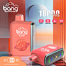 bang pulse 18000 puffs disposable vape in Juicy Peach Ice&mdash;coral body with rounded mouthpiece and LED side strip; on-image icons show Type-C charging, 650 mAh battery, 26 ml e-liquid, and 1.0 &Omega; mesh coil; banner notes Pulse mode 9000 / Regular 18000 puffs.
