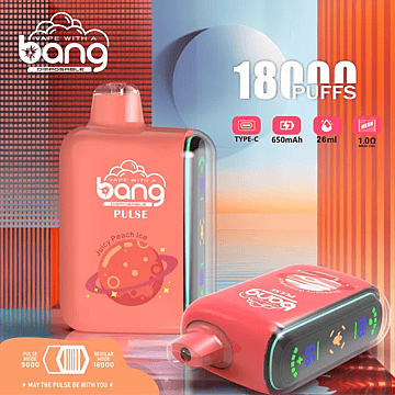 bang pulse 18000 puffs disposable vape in Juicy Peach Ice&mdash;coral body with rounded mouthpiece and LED side strip; on-image icons show Type-C charging, 650 mAh battery, 26 ml e-liquid, and 1.0 &Omega; mesh coil; banner notes Pulse mode 9000 / Regular 18000 puffs.
