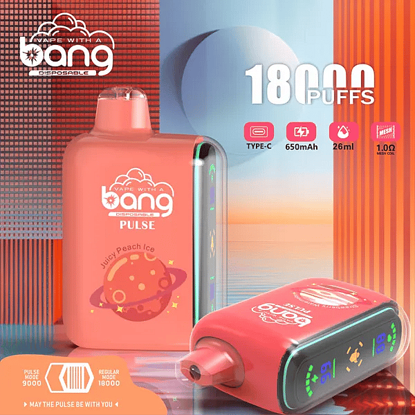 bang pulse 18000 puffs disposable vape in Juicy Peach Ice&mdash;coral body with rounded mouthpiece and LED side strip; on-image icons show Type-C charging, 650 mAh battery, 26 ml e-liquid, and 1.0 &Omega; mesh coil; banner notes Pulse mode 9000 / Regular 18000 puffs.