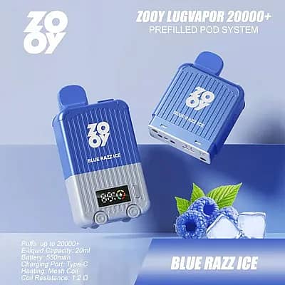 Zooy Lugvapor 20000+ Blue Razz Ice disposable vape with 20000+ puffs, rechargeable Type-C pod system