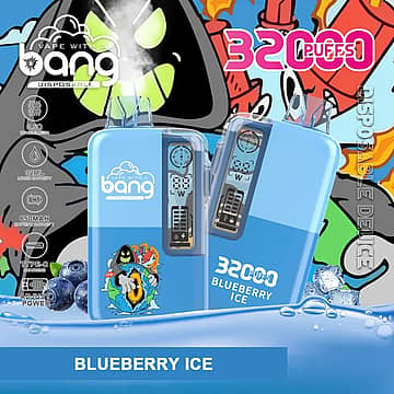 Bang 32,000-puff disposable vape in Blueberry Ice&mdash;light-blue body with clear mouthpiece; spec badges show 32 mL, 650 mAh, Type-C, 0.5 &Omega; dual-mesh, adjustable power.