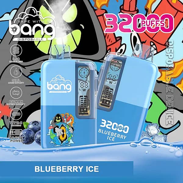Bang 32,000-puff disposable vape in Blueberry Ice&mdash;light-blue body with clear mouthpiece; spec badges show 32 mL, 650 mAh, Type-C, 0.5 &Omega; dual-mesh, adjustable power.
