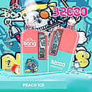 Promotional image for the &ldquo;Vape With a Bang&rdquo; 32,000-puff disposable in the Grape Ice flavor. Two devices (one upright, one tilted) feature a translucent purple shell with clear drip tips and a windowed control panel displaying the adjustable power slider and indicator icons. Large &ldquo;32000 PUFFS&rdquo; text and spec badges call out 32 mL e-liquid, a 650 mAh battery, Type-C charging, and a 0.5 &Omega; dual-mesh coil. A playful skull-style cartoon backdrop with grapes and ice underscores the chilled grape profile.