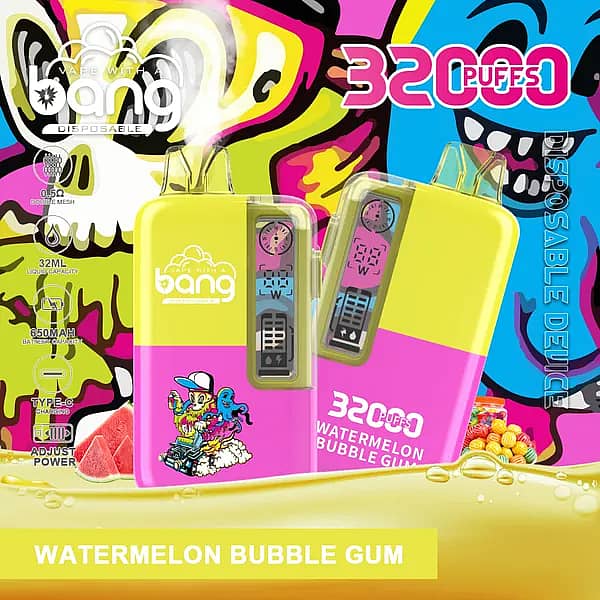 Bang 32,000-puff disposable vape, Watermelon Bubble Gum flavor; 32 mL e-liquid, 650 mAh Type-C, 0.5&Omega; dual-mesh coil, adjustable power, battery/e-liquid indicators.