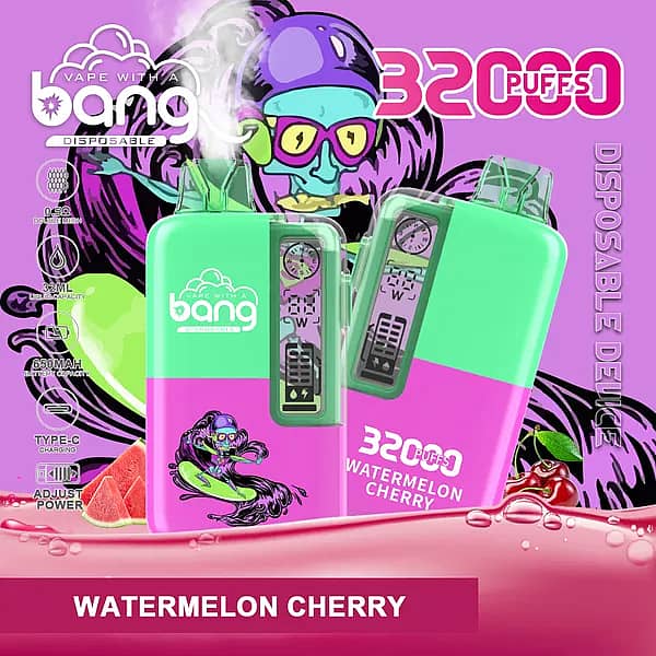 Bang 32,000-puff disposable vape, Watermelon Cherry flavor; 32 mL e-liquid, 650 mAh Type-C rechargeable, 0.5&Omega; dual-mesh coil, adjustable power, battery/e-liquid indicators.
