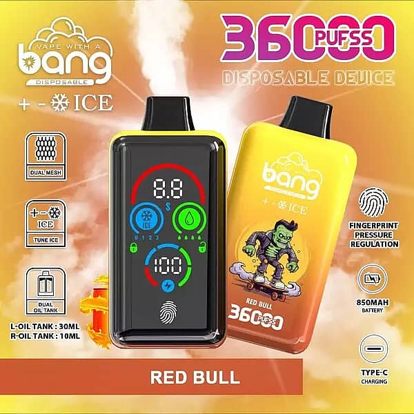 Bang 36000 Ice Control Red Bull smart-screen disposable vape with adjustable ICE &plusmn; cooling; dual oil tanks 30 mL + 10 mL, 1.0&Omega; dual-mesh coil, 850 mAh battery, Type-C fast charging, fingerprint pressure regulation.