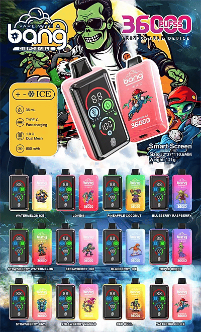 Bang 36000 Ice Control Disposable Vape Desc Bang 36000 Ice Control Lineup Poster With Smart-Screen Disposable Vapes; Ice ± Cooling, Dual Oil Tanks 30 Ml + 10 Ml, 1.0Ω Dual-Mesh, 850 Mah, Type-C Fast Charging; Grid Of 12 Flavors.