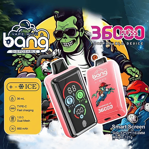 Bang 36000 Ice Control smart-screen disposable vape, Watermelon Ice; adjustable ICE &plusmn; cooling, 36 mL e-liquid, 850 mAh Type-C fast charge, 1.0&Omega; dual-mesh coil.