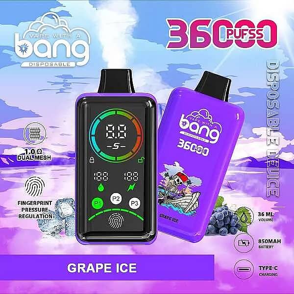 Bang 36,000-puff disposable vape with smart screen, Grape Ice flavor; 36 mL e-liquid, 850 mAh Type-C fast charge, 1.0&Omega; dual-mesh coil, adjustable power (P1&ndash;P3) with fingerprint pressure control.