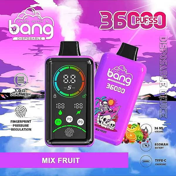Bang 36,000-puff disposable vape with smart screen, Mixed Fruit flavor; 36 mL e-liquid, 850 mAh Type-C fast charge, 1.0&Omega; dual-mesh coil, adjustable power (P1&ndash;P3) with fingerprint pressure control.